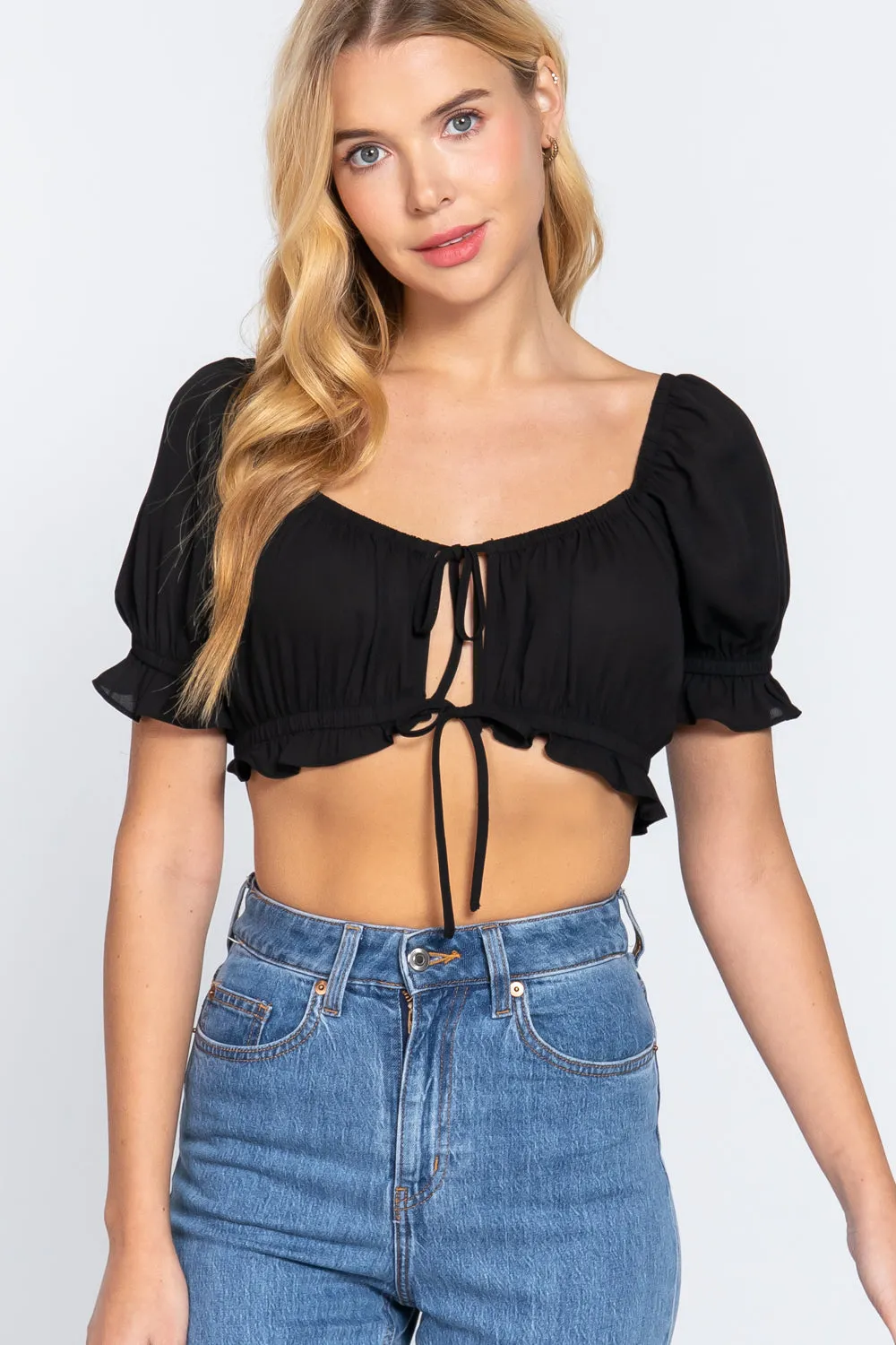 Women's Short Slv Print Crop Woven Top