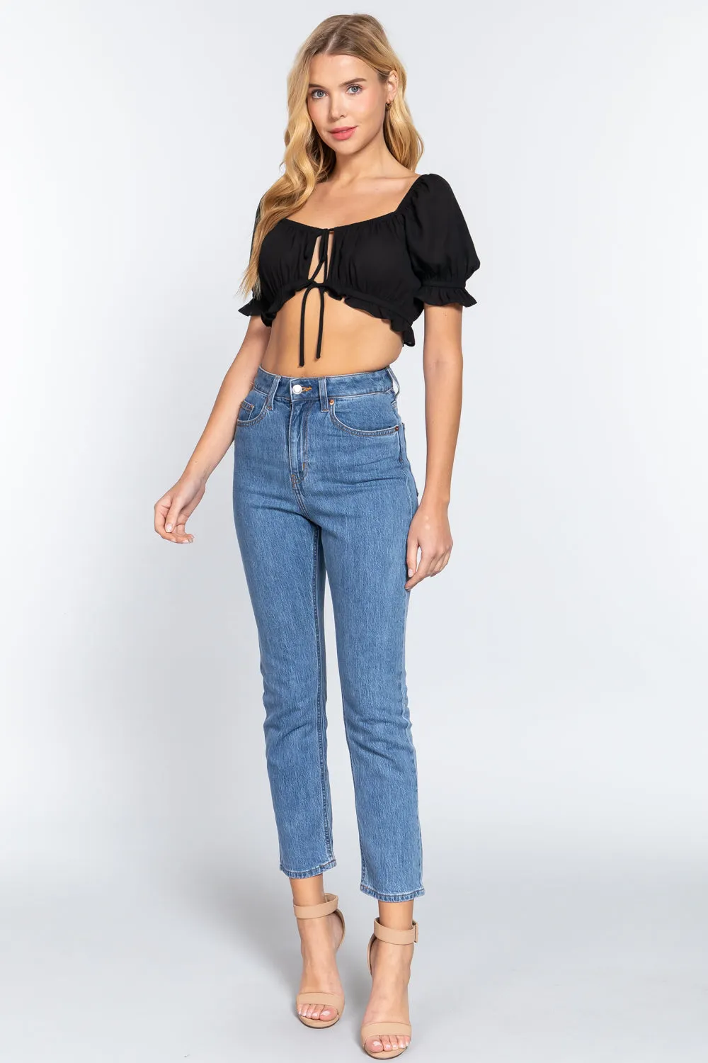 Women's Short Slv Print Crop Woven Top