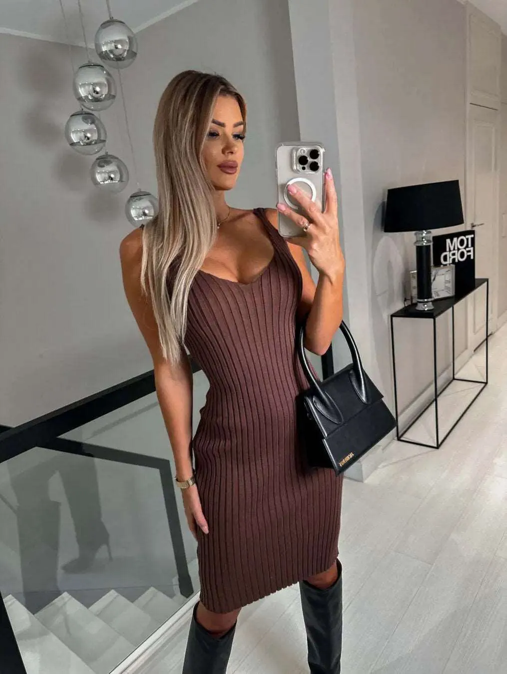 Women's Solid Stripe Long-sleeved Top And Tight Suspender Strap Dress